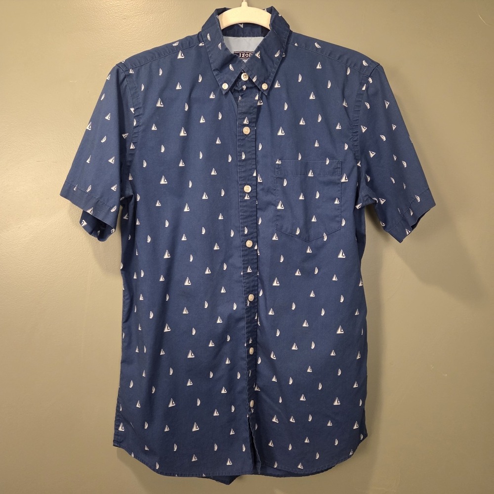 Izod Men's Sailboat Print Button Up Short Sleeve Shirt, Size S, Navy‎ Blue White